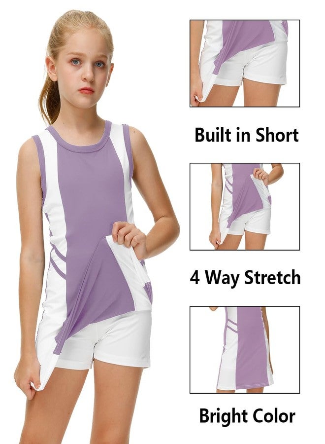 AOBUTE Girls Tennis Outfit Athletic Dress 2 Piece Sleeveless Sports Golf Sportswear Light Purple 11-12 Years - Image 3